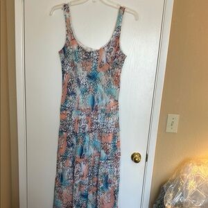 Nine West Pleated Maxi Dress in Blue and Pink